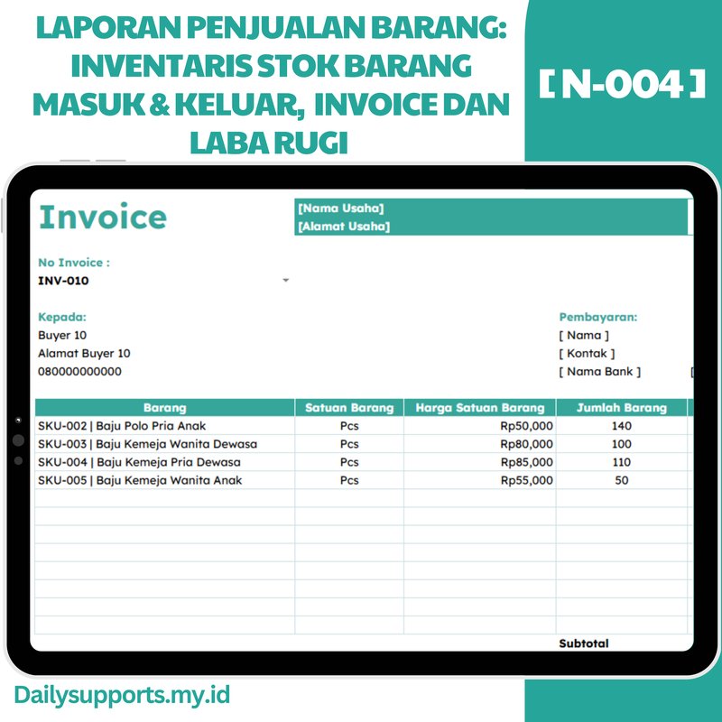 Highlight image for [N-004] Laporan Penjualan Barang: Inventaris Stok Barang, Invoice, dan Laba Rugi Otomatis - Google Sheets Template