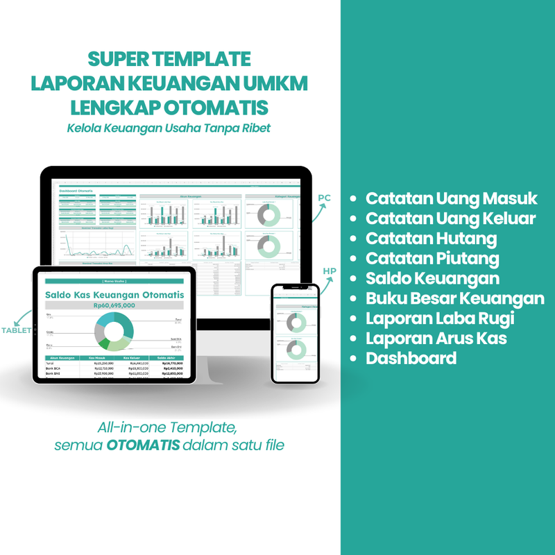 Template Otomatis Laporan dan Pembukuan Keuangan UMKM: Arus Kas, Laba Rugi, Hutang Piutang, Saldo Keuangan, Dashboard
