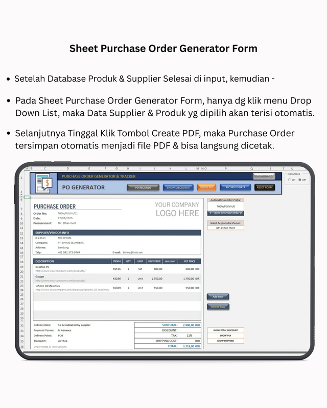 Highlight image for Automatic Purchase Order Generator & Tracker - Excel Template
