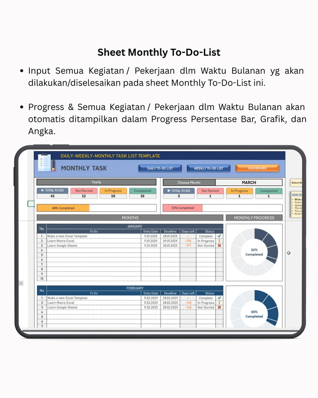 Highlight image 4 for (To-Do List)  Daily - Weekly - Monthly : Task List  -  Excel Template