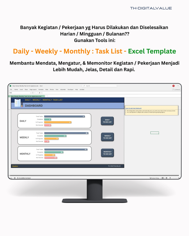 Highlight image 1 for (To-Do List)  Daily - Weekly - Monthly : Task List  -  Excel Template