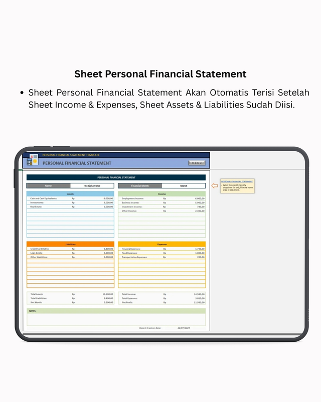 Highlight image 5 for Personal Financial Statement - Excel Template