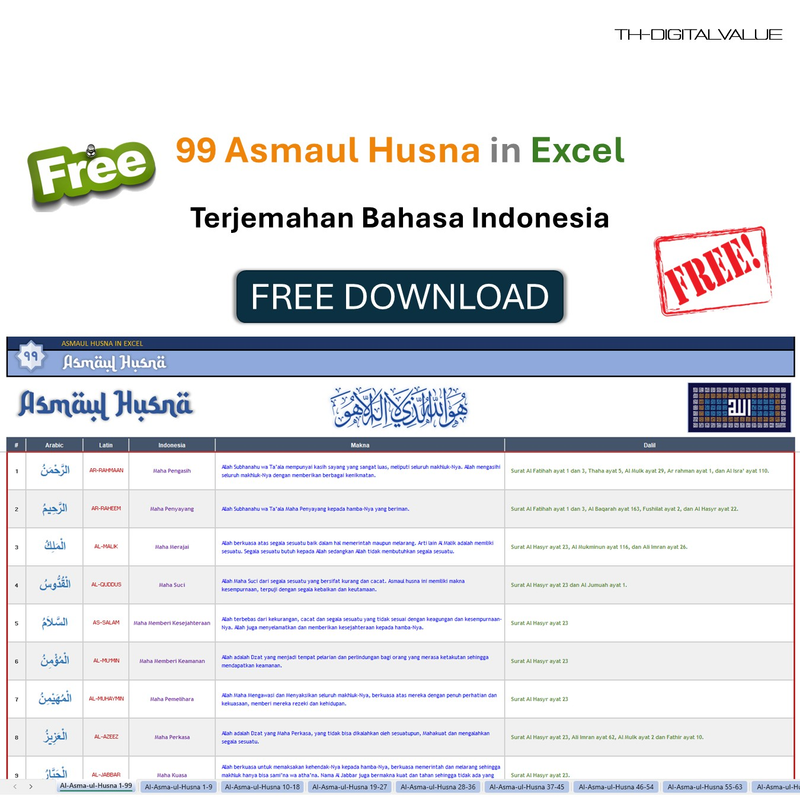 Highlight image 2 for [FREE]  99 Asmaul Husna in Excel - Free