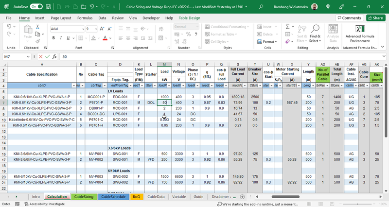 Highlight image for Excel Automatic Cable Sizing with Cable Schedule and Bill of Quantity Generator