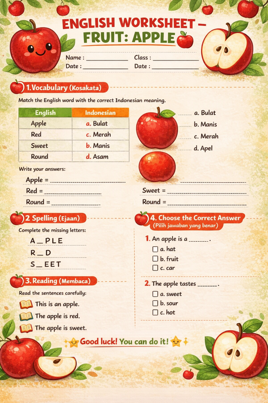 Highlight image for Worksheet English Activity Seri: Buah-buahan